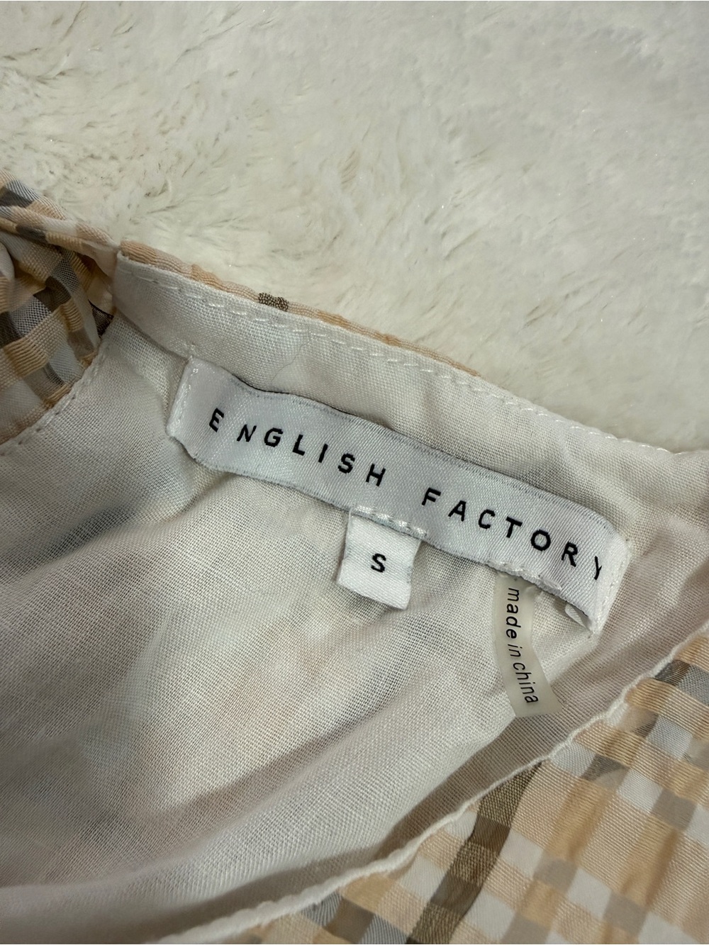 English Factory Plaid Puff Sleeve Tiered Midi Dress Small Neutral Cottagecore - Picture 3 of 7